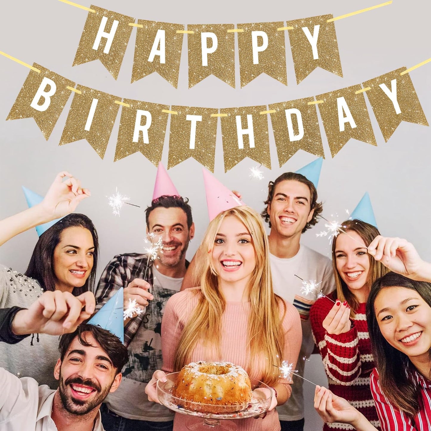 Netnology Pre-Strung Gold Happy Birthday Banner Decorations,12 ft No DIY Gold Glitter Birthday Party Banner Sign Decor for Women Men Girl Boy Party Supplies