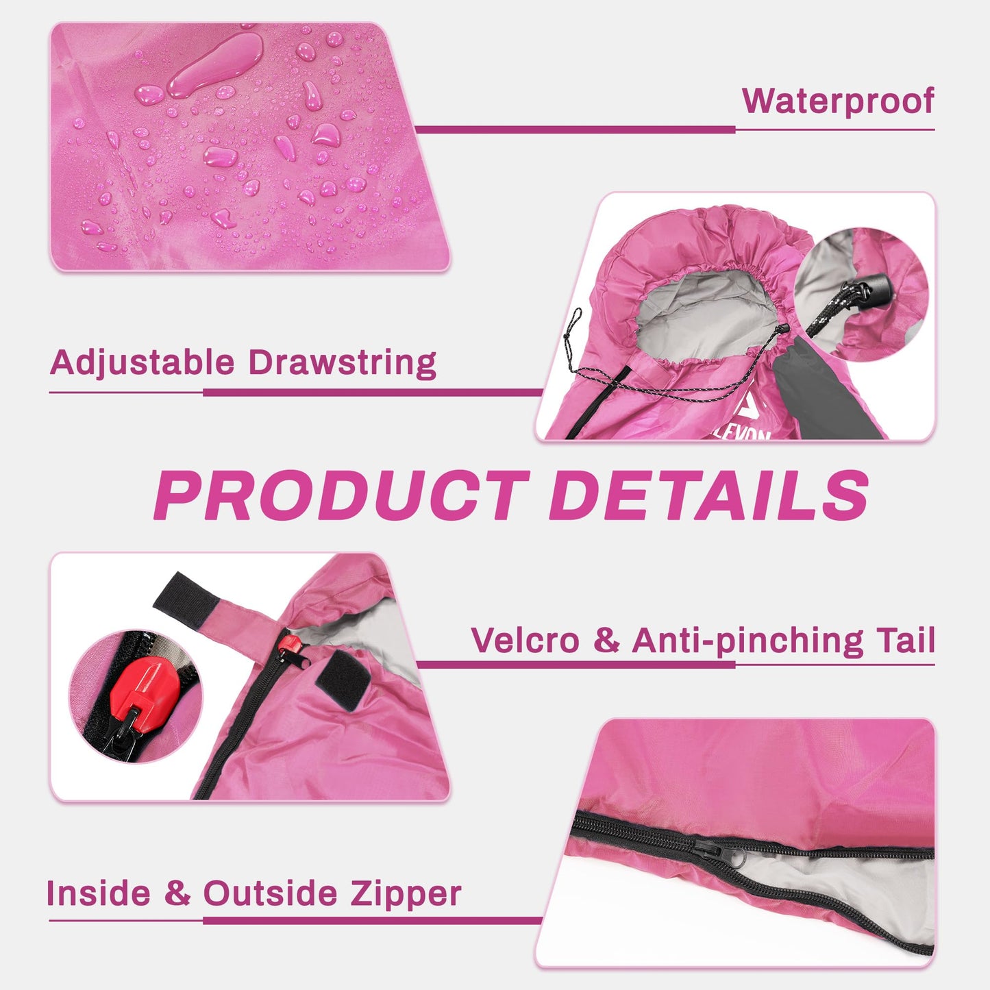 Elevon Sleeping Bag for Adults Teens Kids Cold Warm Weather, Portable Waterproof & Lightweight, Pink