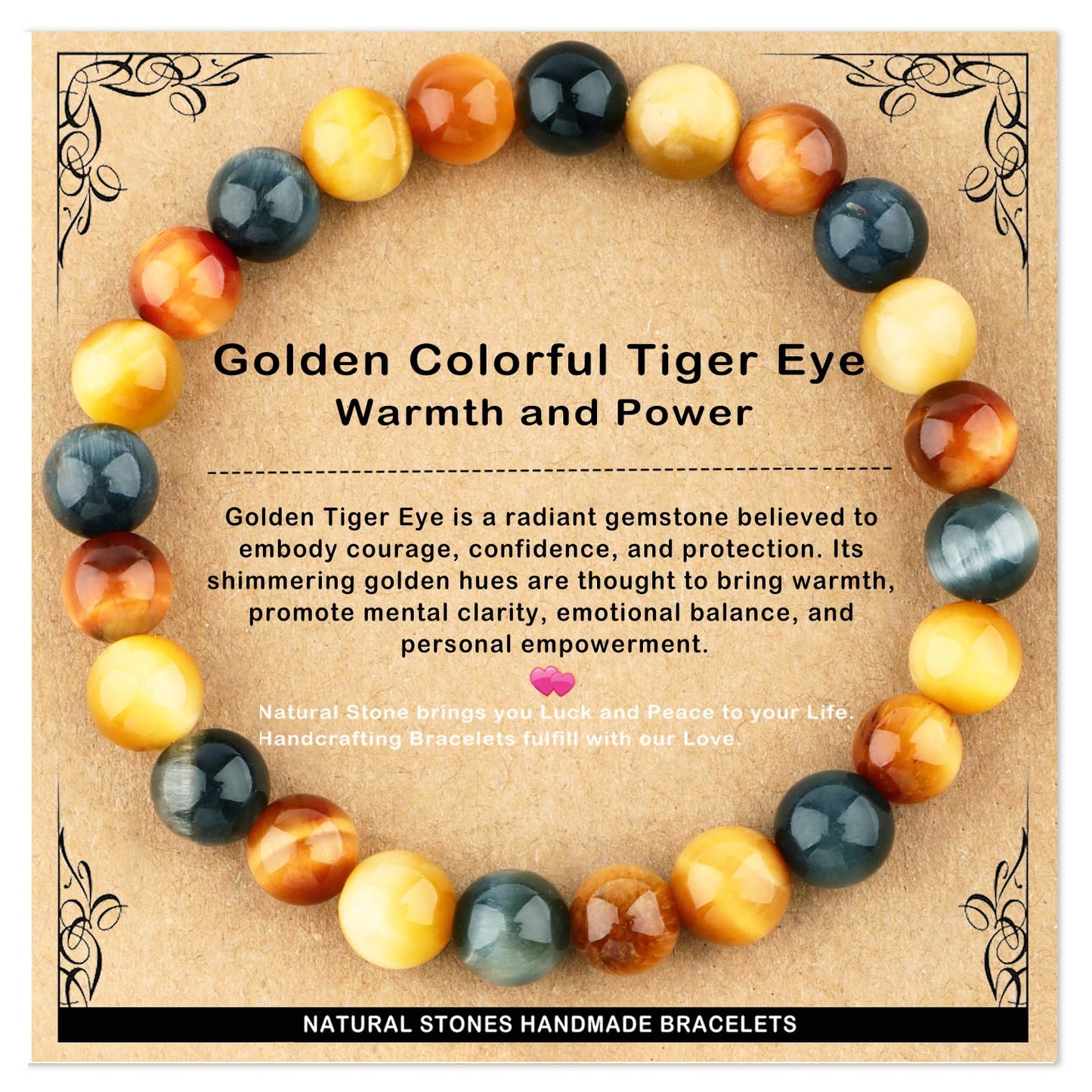 AD Beads 8mm Handmade Golden Colorful Tiger Eye Elastic Bracelet – Natural Gemstone for Warmth and power – Meditation, Yoga, Healing and Energy Gift for Men Women