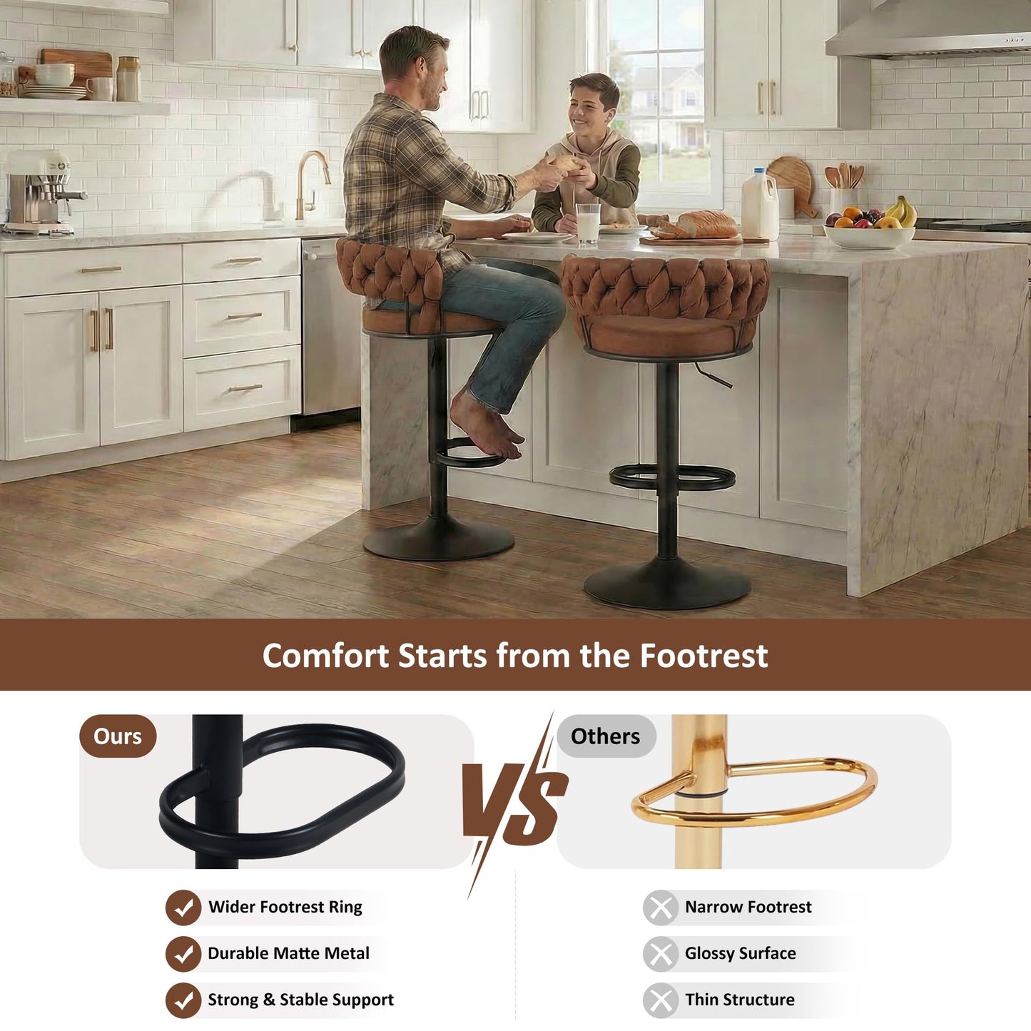 YOUNUOKE Single Swivel Bar Stool, Adjustable Height Counter Stool with Woven Back, Metal Legs & Large Footrest, Cloth Fabric Upholstery for Kitchen Island (Light Brown,1 Pack)