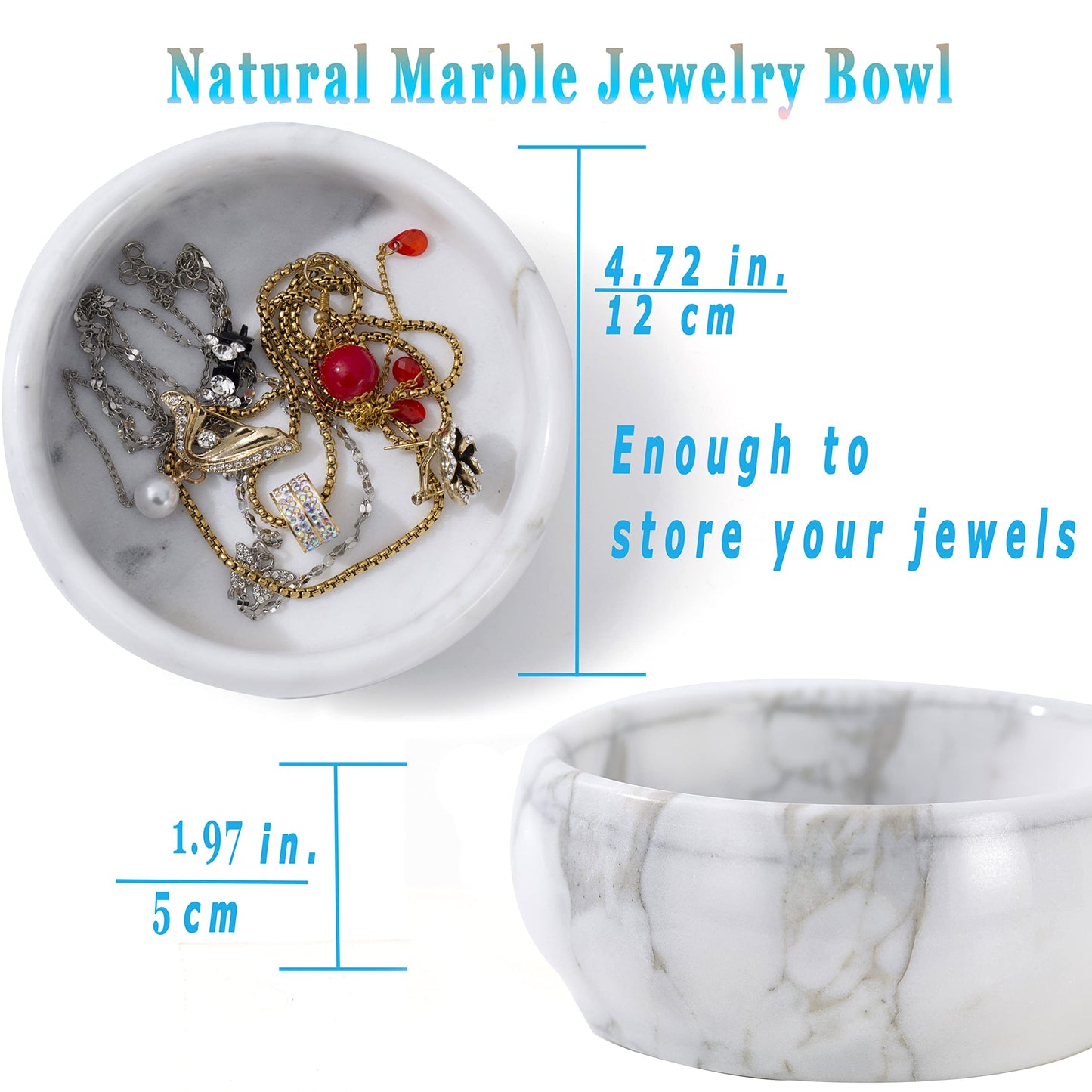 4.72 Inch Natural Marble Jewelry Dish, Mothers Day Gifts Small Decorative Bowl Ring Dish Trinket Holder Key Catchall Bowls, Vanity Tray for Display Home Decor Wedding Gift(White & Light-grey)