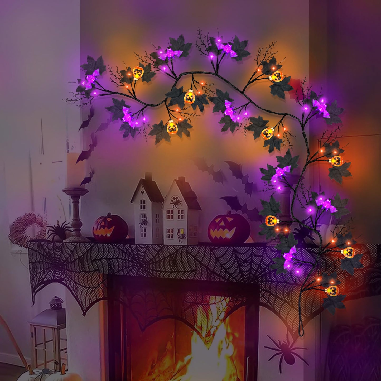 6FT 54 LED Willow Vine Twig Decor Black Halloween Garland with Pumpkin Bat Orange & Purple Light, 8 Modes Waterproof Battery Operated Indoor Halloween Decorations