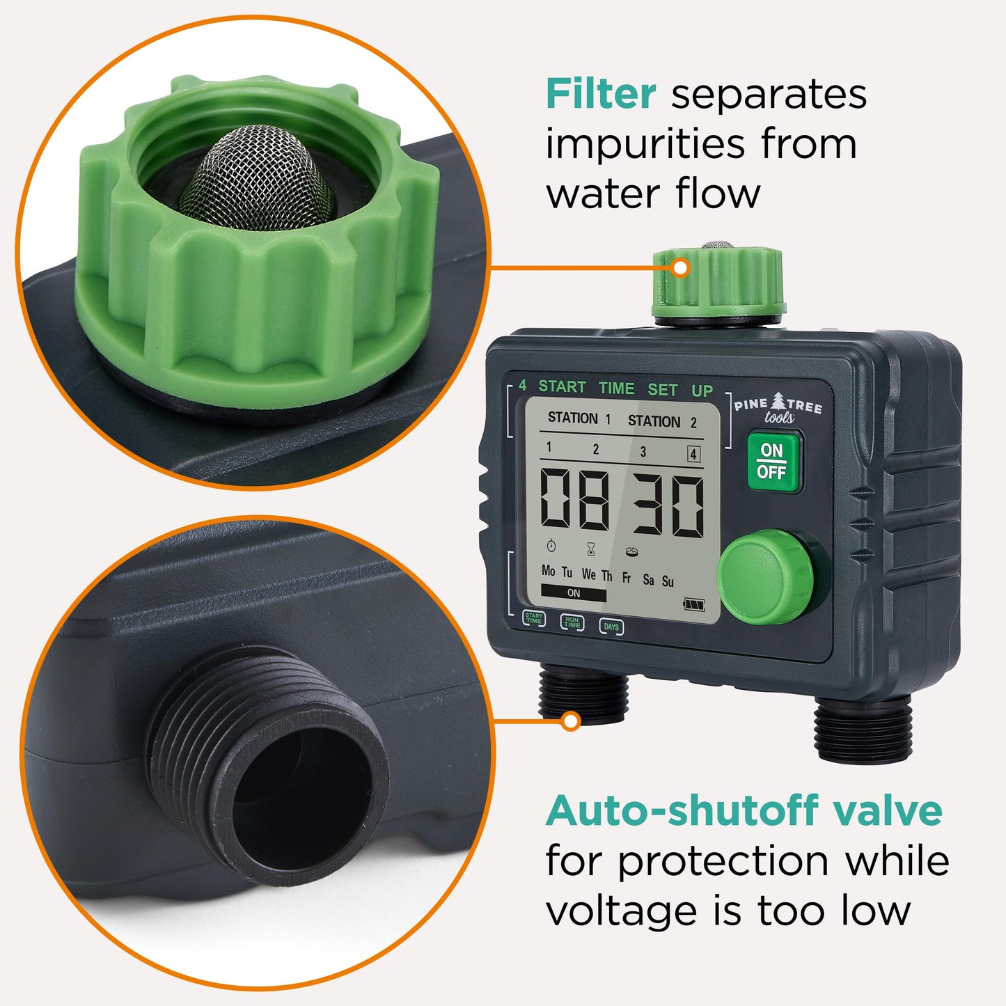 Pine Tree Tools Hose Timer - Programmable Water Timer for Garden, Automatic & Manual Watering System, Outdoor Faucet for Lawn, Garden & Yard, Battery Operated, 2 Outlet Hose Watering