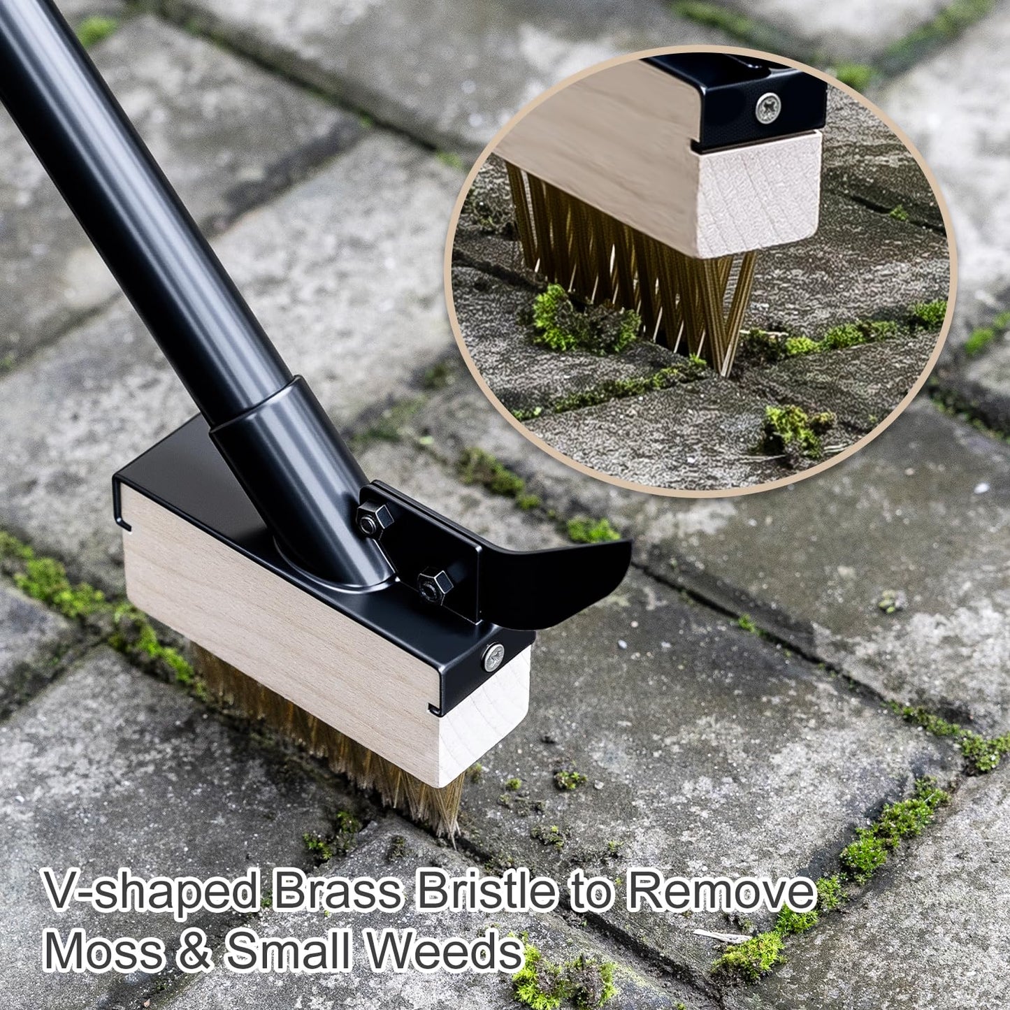 Mitclear Weed Moss Remover Brush with Long Handle(50IN), Crack Weeder Moss Removal Tool with Wire Brush & Scraper, Weed Puller Crevice Cleaning, Remove Weeds on Roof Deck Driveway Paver(4 Brushes)