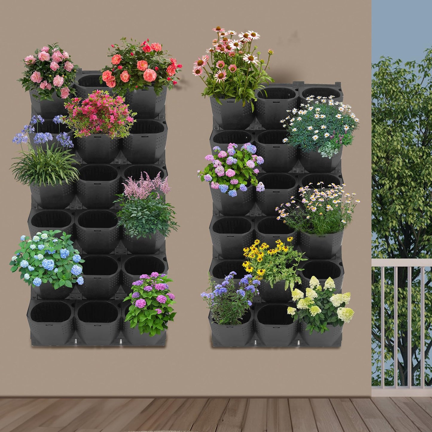 LYNICESHOP 36-Pot Vertical Wall Planter, Army Green PP Modular Hanging Garden System, Self-Watering Indoor Outdoor Flower Herb Vegetable Display for Balcony Patio Cafe (Black)