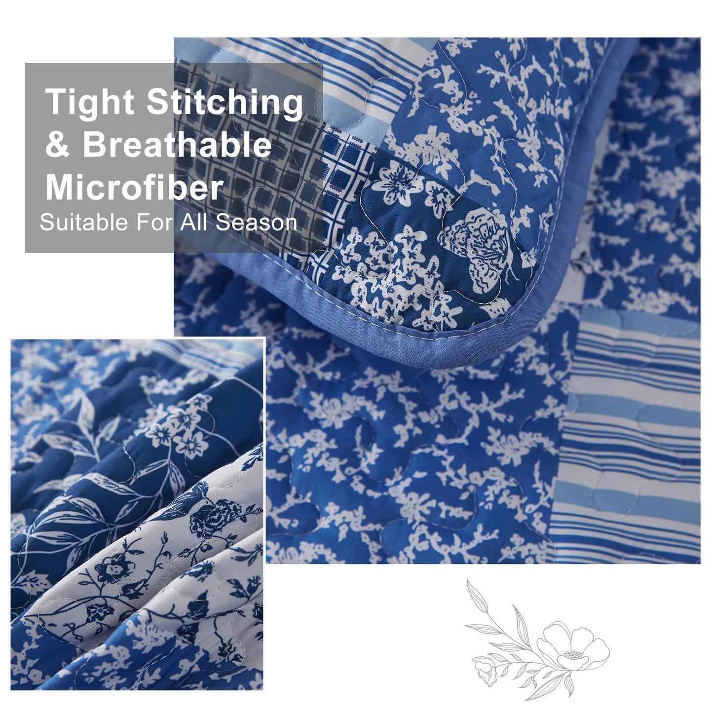 Mybedsoul Blue Boho Quilt Set Queen Size,3 Pieces Plaid Floral Bedspread Coverlet Set for All Season,Patchwork Reversible Bedding Set Queen 90"x96"