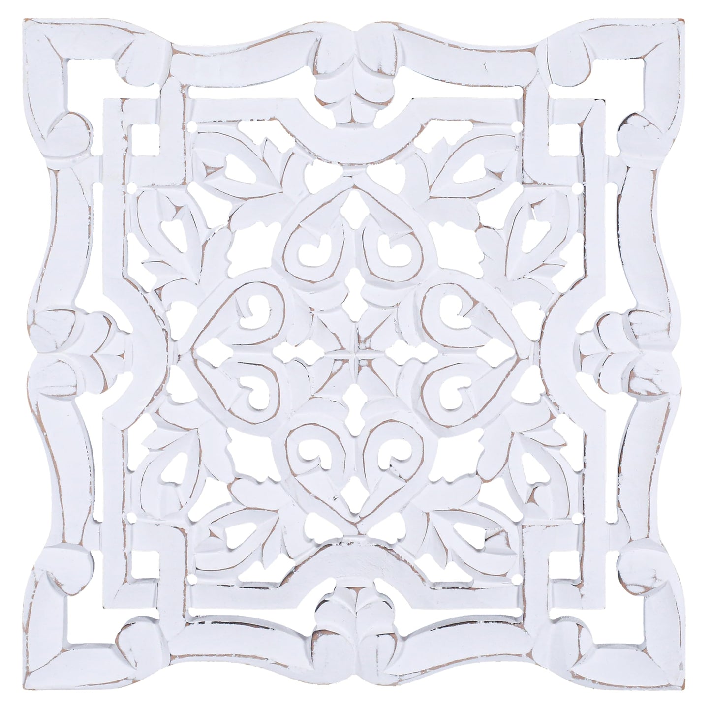 Woodify Hand-Carved Wooden Wall Décor – Set of 2, 12" x 12" Decorative Wood Panels, Floral Design, White Antique Finish, Wall Art for Living Room & Home Décor