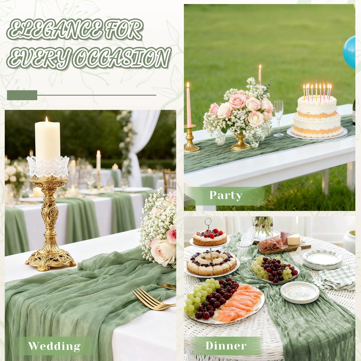 2 Pack Sage Green Cheesecloth Table Runner, 10Ft Boho Gauze Cheese Cloth Table Runners for Wedding, Party, Dinner, Baby Shower, 120 Inches Long Table Runner for St. Patrick's Day, Easter, Christmas