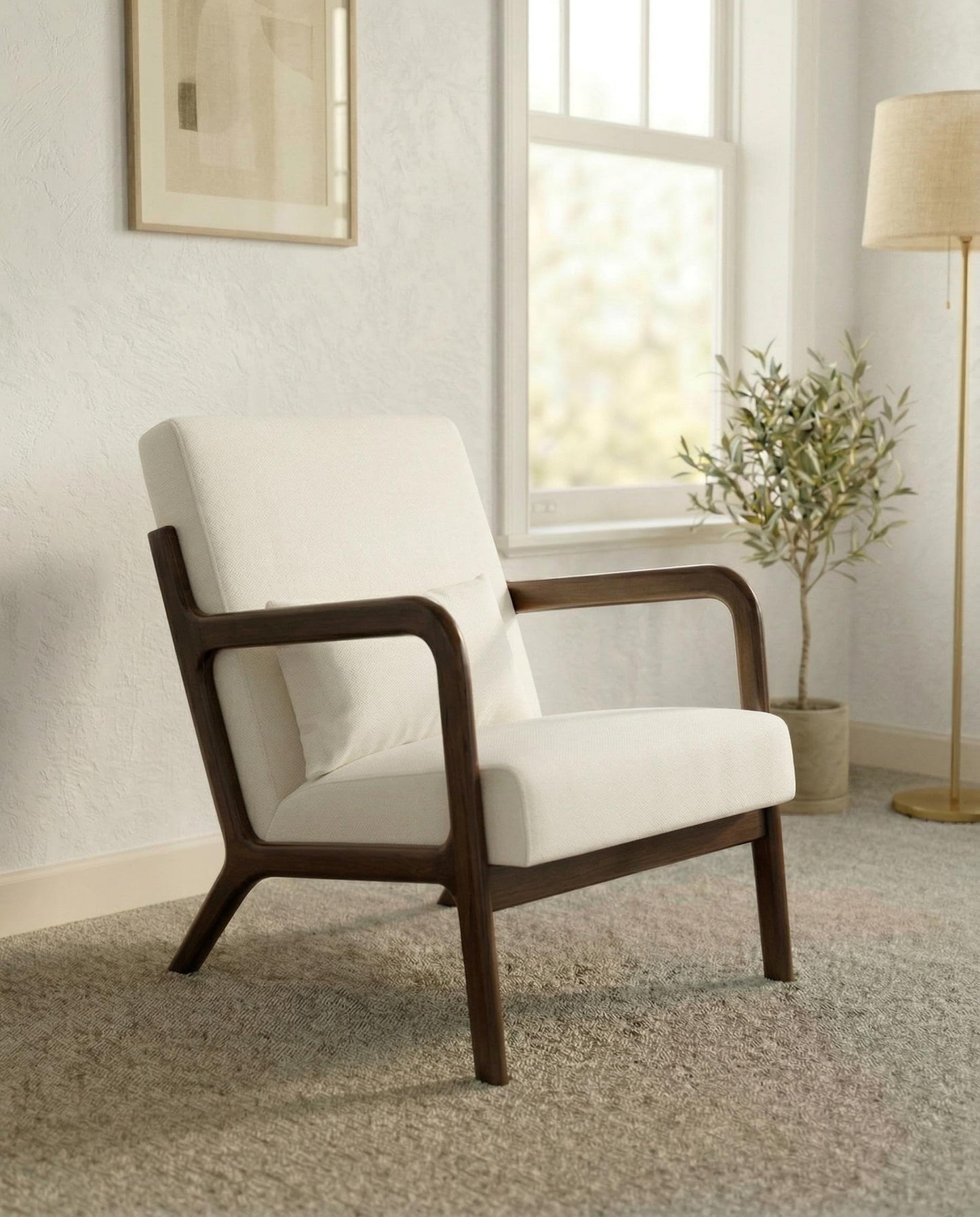Garvee Mid-Century Chenille Accent Chair, Cozy Reading Chair, Modern Lounge Armchair with Lumbar Pillow, Solid Wood Frame, for Living Room, Bedroom, Office, Beige