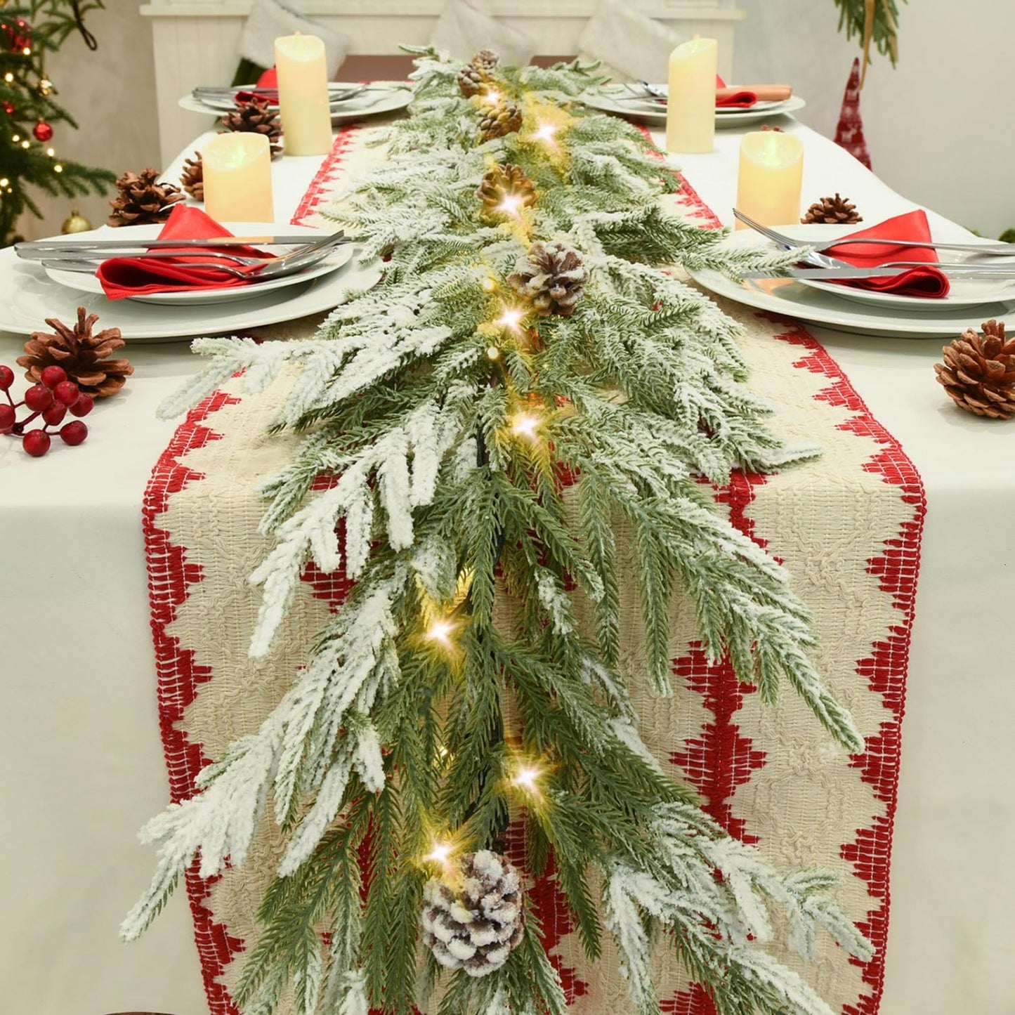 YoleShy 6FT Real Touch Norfolk Pine Garland Christmas Garland with Pinecone and White Snow (1, 6 FT)