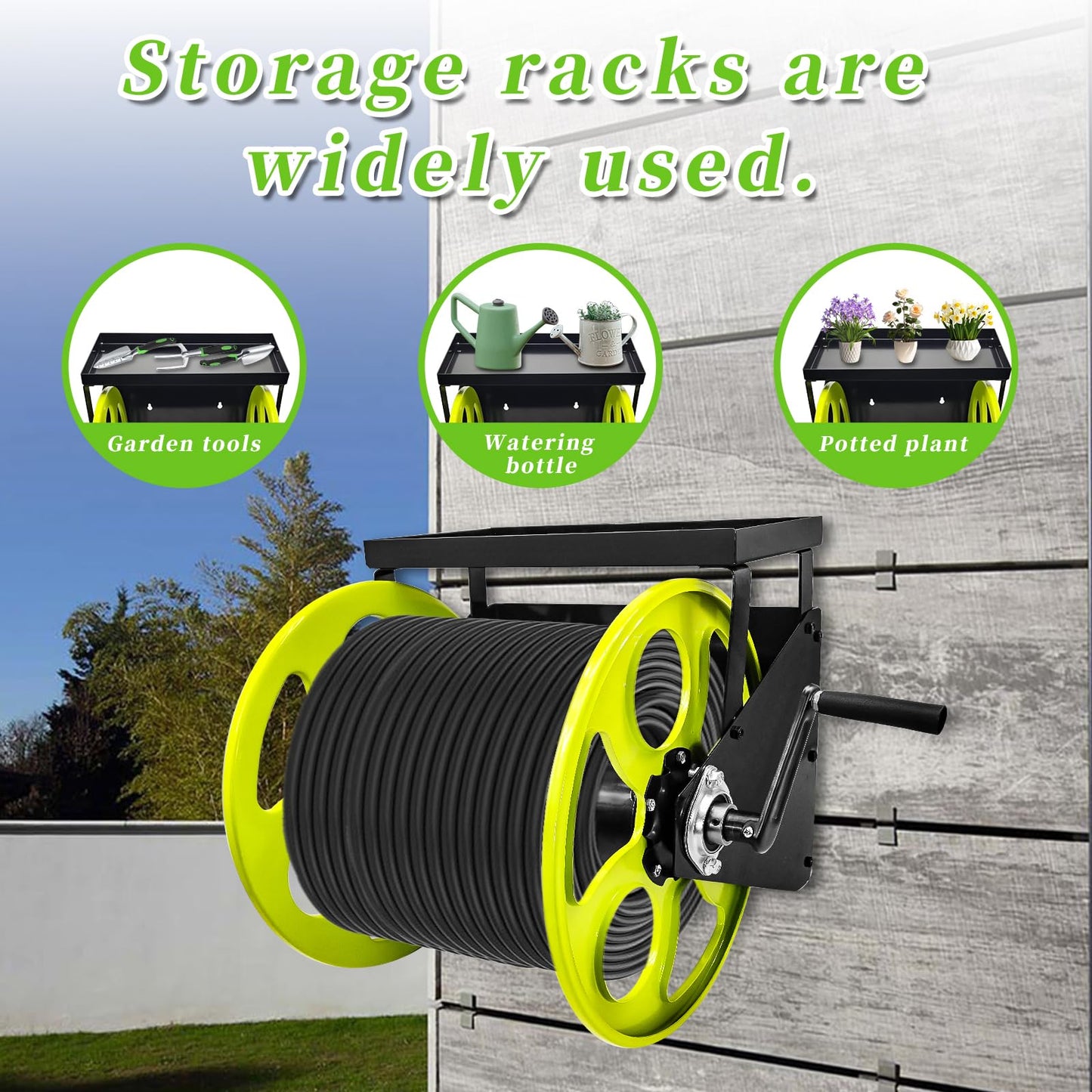 Stainless Steel Garden Hose Reel for 5/8" Hose Reel with Crank Handle Retractable ，Wall Mount Metal Hose Reel 3/4 in Brass Fitting ， Holds up to 120-FtHose with Storage Rack (Hose not included）