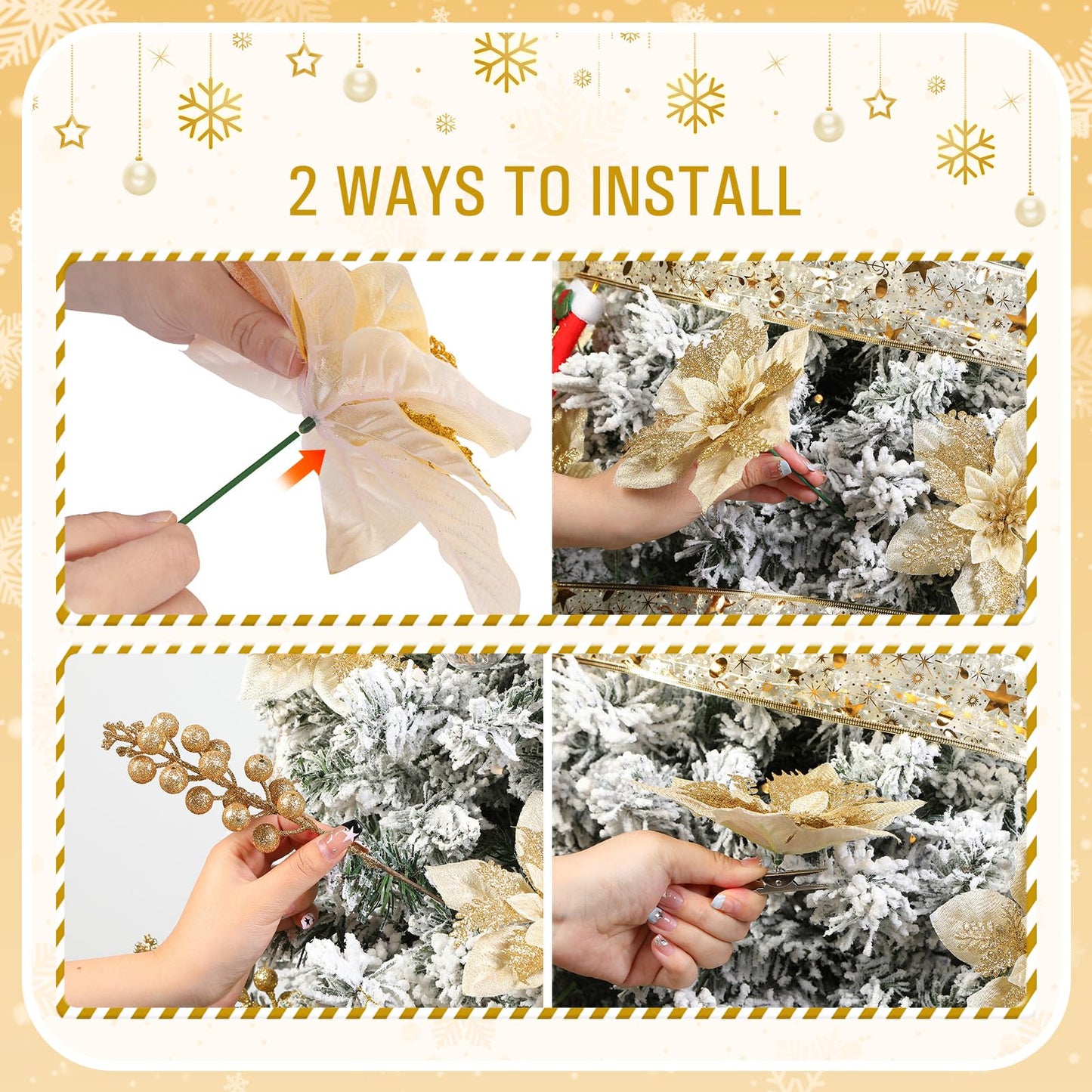 Alupssuc 24 Pieces Christmas Tree Decorations, 12 PCS Gold Poinsettia Flowers Artificial and 12 PCS Glitter Christmas Tree Picks for Christmas Decorations Party Wreath Fireplace Stairs, Gold