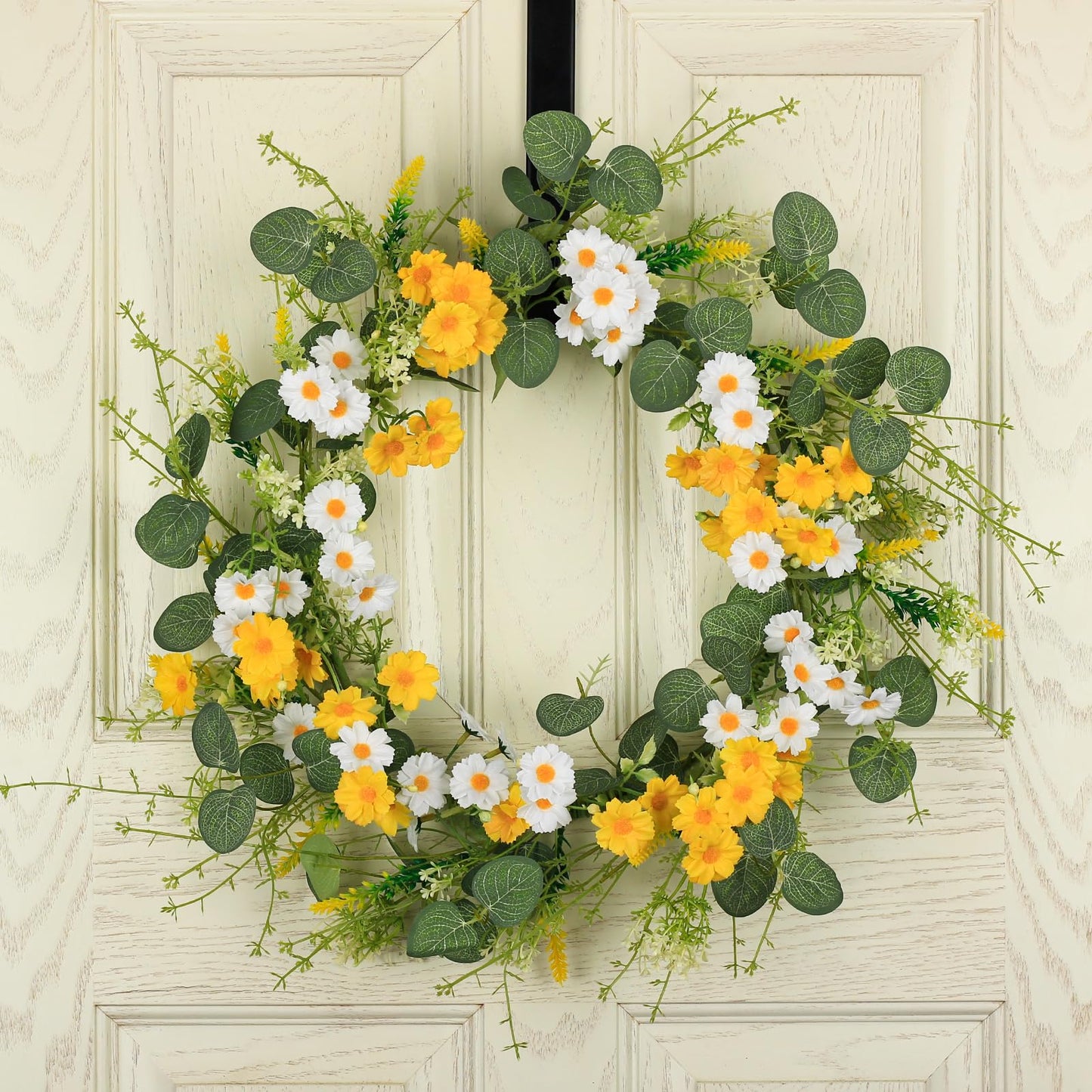 YUGALI 22" Spring Summer Wreath for Front Door Artificial Green Eucalyptus Yellow White Daisy Flower Lavender Sage Handmade Farmhouse Outdoor Indoor Wedding Home Decor