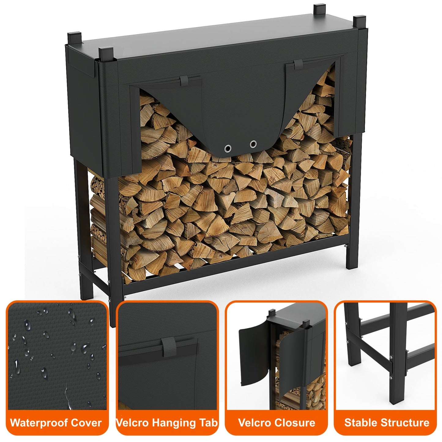 WALMANN Heavy-Duty Firewood Rack with Waterproof Cover & Firewood Carry Bag, 4 ft Outdoor Indoor Wood Log Holder for Fireplace, Patio & Porch, Sturdy Steel Fire Wood Storage Stand