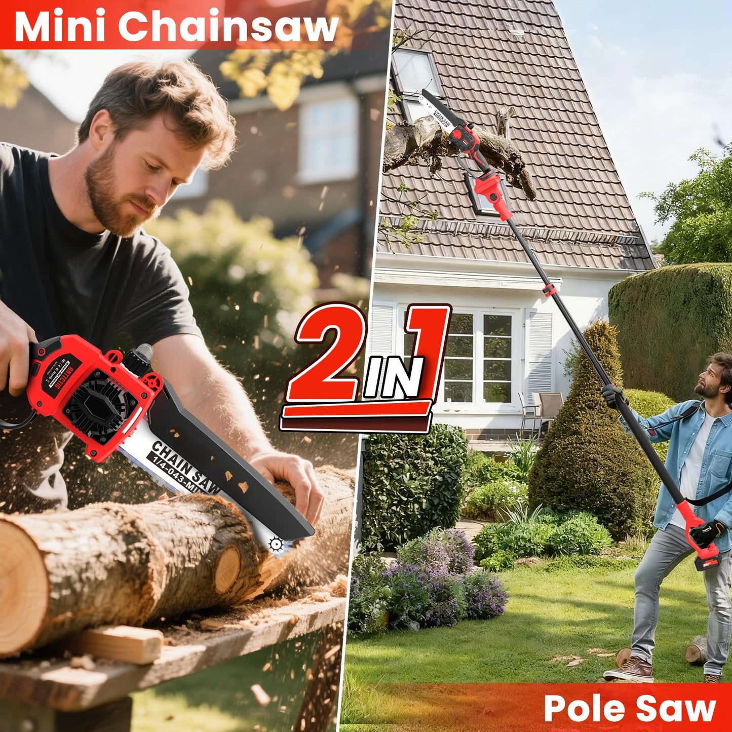 Upgraded 2-in-1 Cordless Pole Saw & 8 Inch Mini Chainsaw, Battery Powered Tree Trimmer with 6.6ft(2m) Extension Pole, 21V 4.0Ah x2 Batteries, Electric Chainsaw for Branch, Limb & Wood Cutting