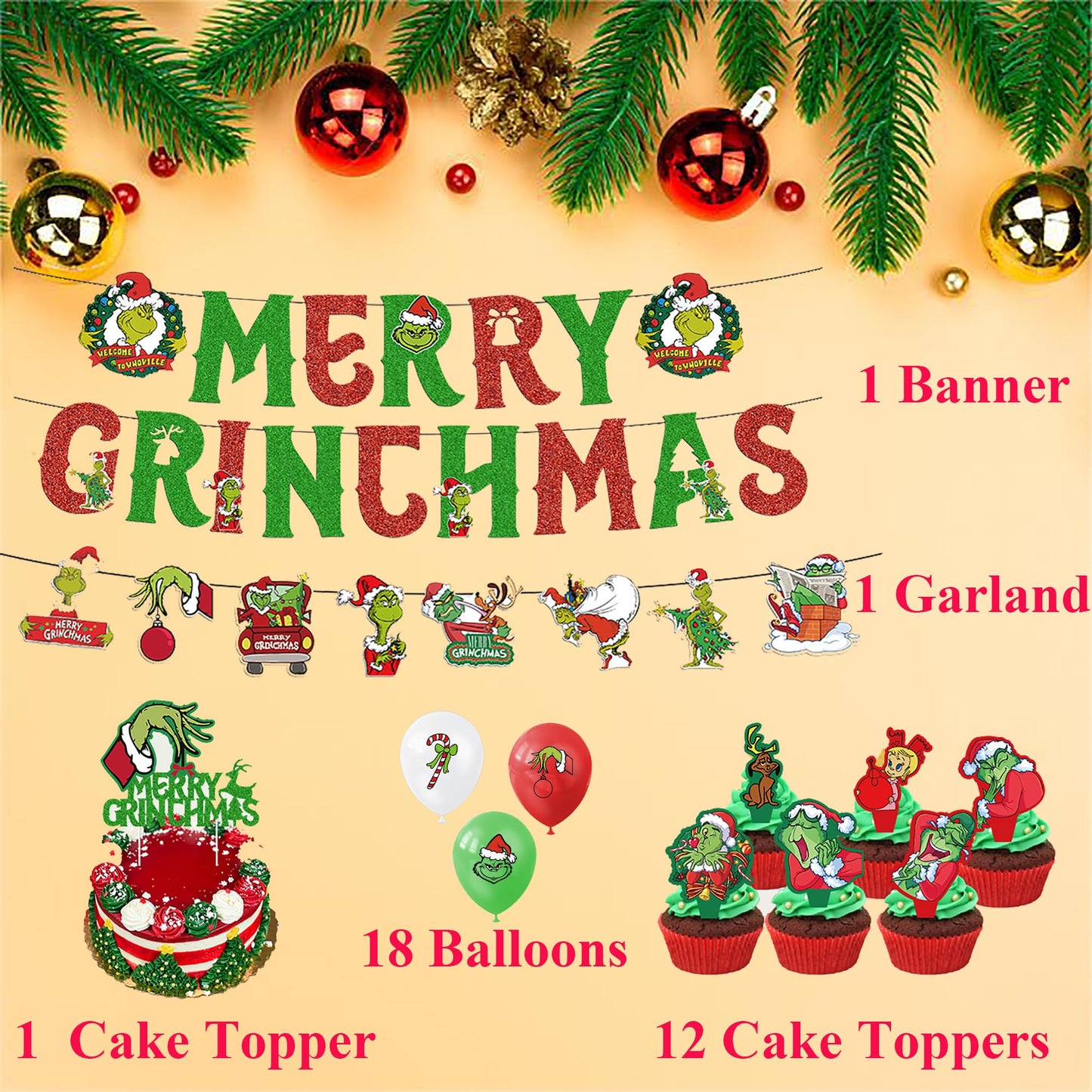 33pcs Christmas Balloons Decoration Set,Xmas Theme Party Balloons Decorations,Red Green Balloons,Christmas Banners,Card Placement Kit