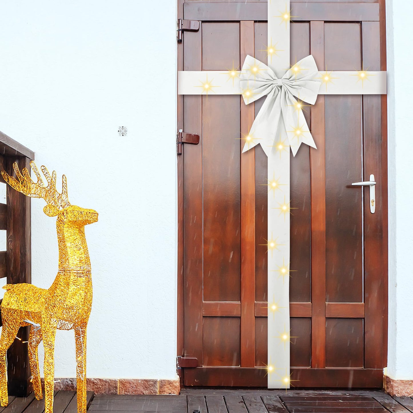 Spiareal Large Christmas Front Door Ribbon Bow with LED 14.1ft Velvet Christmas Cabinet Glowing Bows Decorations Xmas Tree Decor Festival Wrapping Decorations for Fireplace Home Front Door(White)
