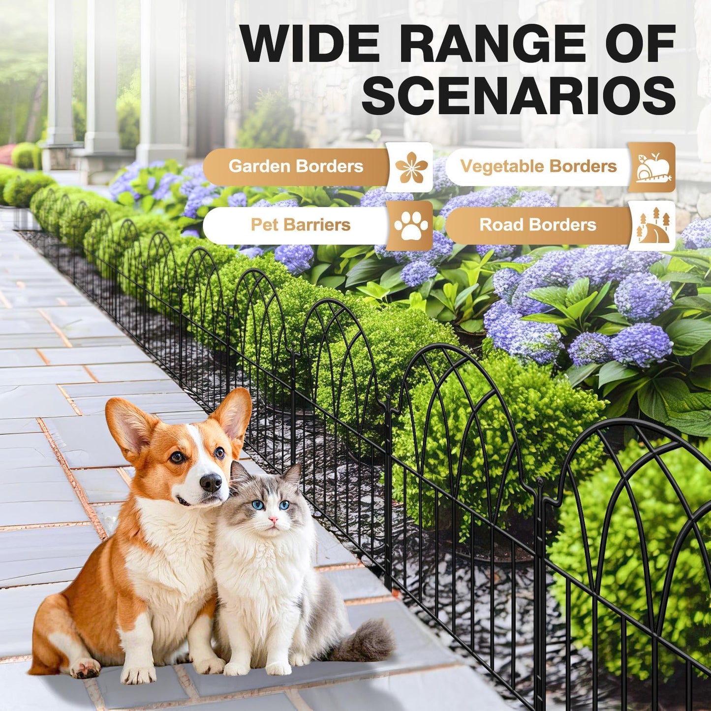 LATIHUUM Garden Fence - 24 in(H) x 10.56ft(L) Arched Metal Fence Panel No Dig Fence, Ground Stake Animal Barrier Fence for Dog, Flower Bed Edging Wire Border Panel Fencing for Yard Patio Outdoor Decor