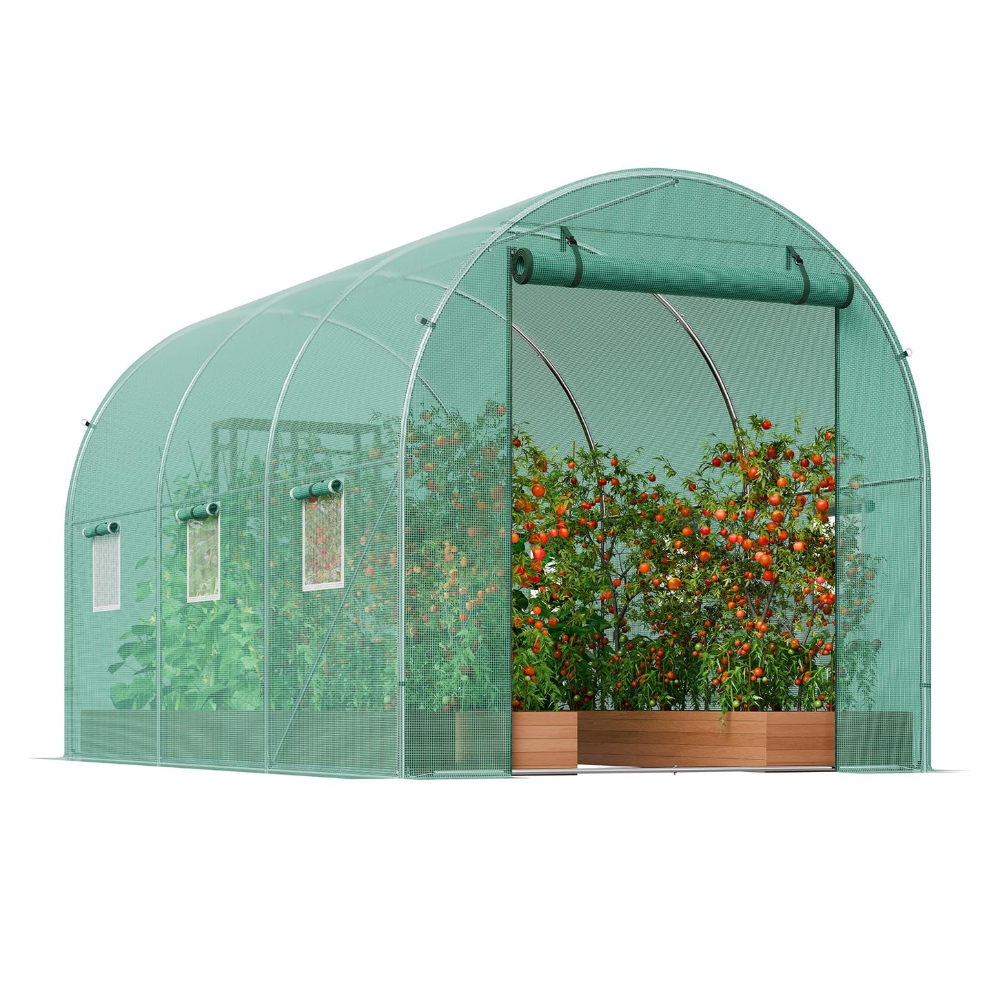 VEVOR Walk-in Tunnel Greenhouse, 9.6x6.4x6.2 ft Hoop House Greenhouse Tunnel, Plant Hot House with Galvanized Steel Frame, Green PE Cover, Roll-up Zipper Door and 6 Windows for Outdoor