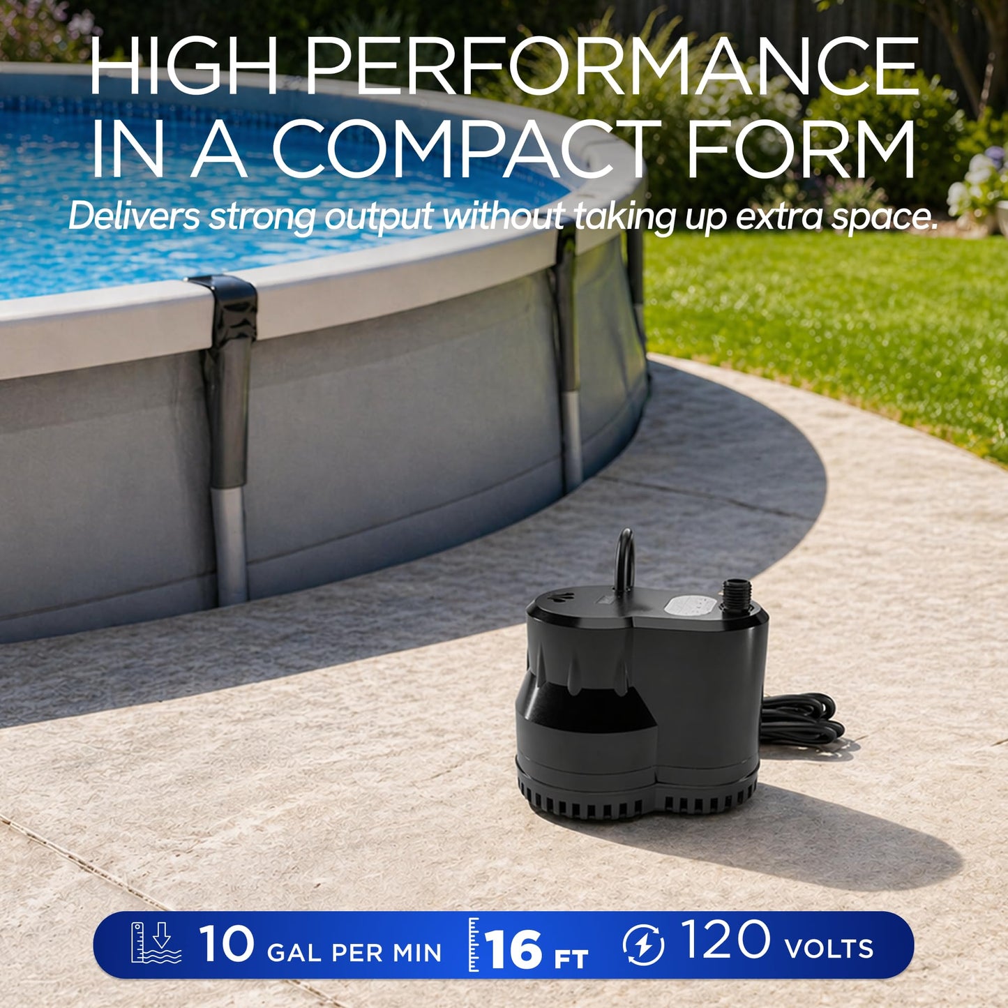 FibroPool 75W Submersible Pool Cover Pump – 10 GPM, 16 ft Hose Included – 120V Electric – Above Ground & Inground Pools, Spas & Ponds – ABS Plastic