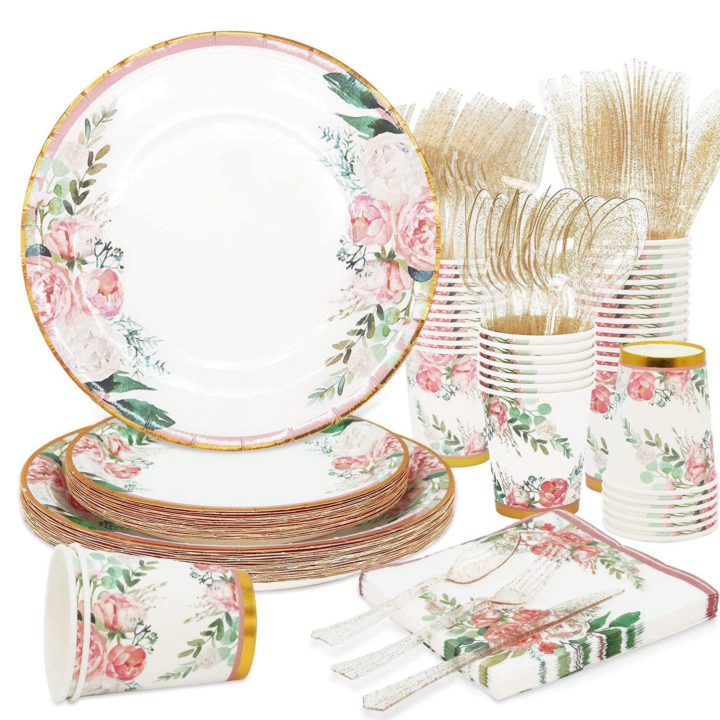 Floral Party Supplies - Bridal Shower Paper Plates & Napkins Set for 24 Guests - Disposable Dinnerware: Plates, Cups, Cutlery for Baby Shower, Tea Party