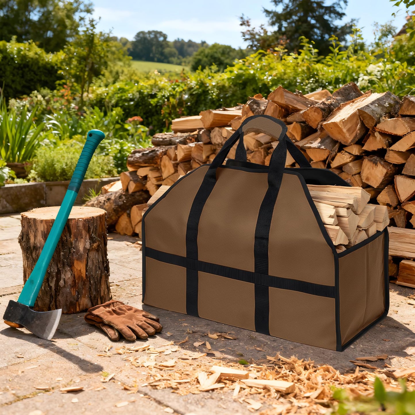 LBTING Firewood Log Carrier, Heavy Duty Oxford Log Tote Wood Carrying Bag with Handle Strap, Suitable for Indoor Fireplace and Outdoor Camping - Brown