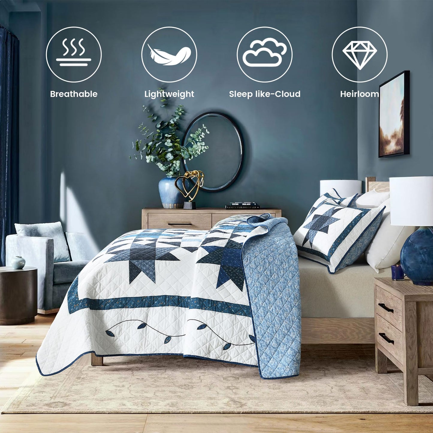 Secgo Handmade Quilted 100% Cotton King Comforter Set for Bed - 100% Cotton Quilts King Size, Black Bedspreads (96 * 108 Inch) with 2 Pillow Shams, Patchwork Reversible Lightweight Bedding
