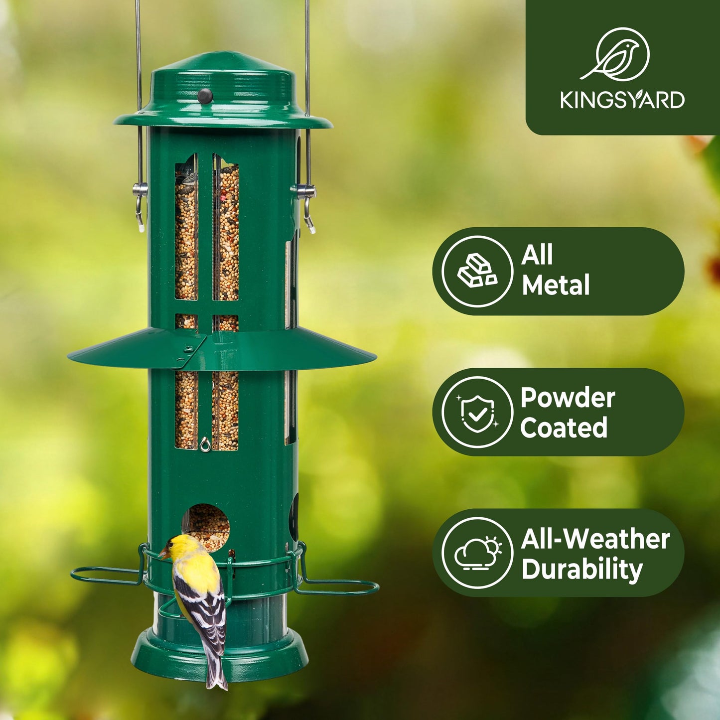 Kingsyard Squirrel Proof Bird Feeders with Weight-Activated Perches, Metal Wild Bird Feeder for Outdoors Hanging, 3 lb Large Seed Capacity, Green