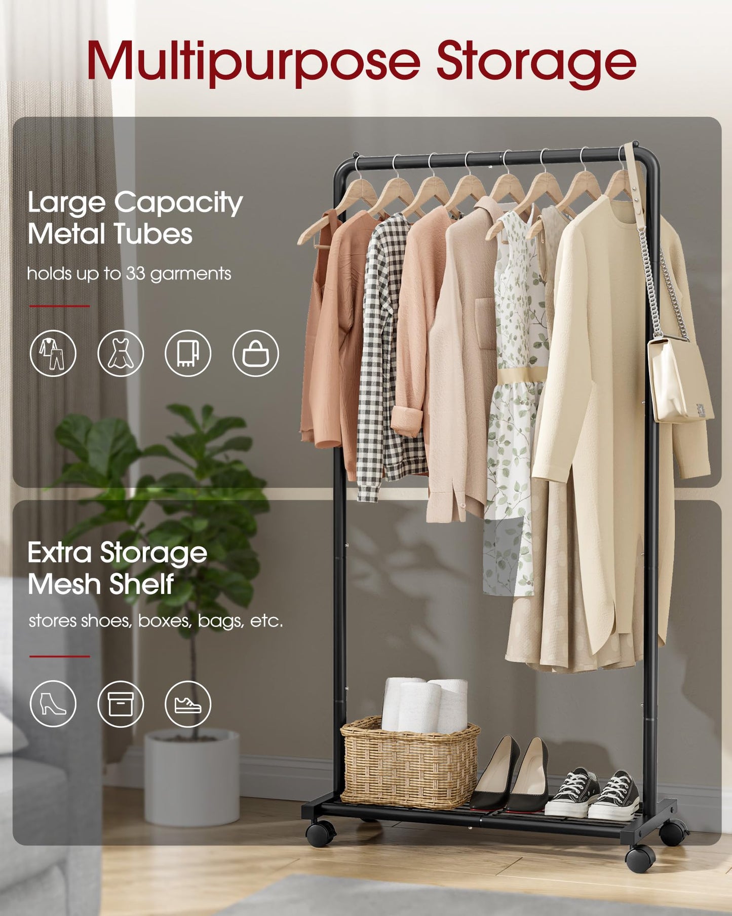 Sakugi Clothes Rack - Clothing Rack with Storage Mesh Shelf & Casters, Heavy-Duty Metal Clothing Rack for Hanging Clothes, Dresses, Coats, Large Load Capacity, Easy Assembly, Black, 28.0"x16.9"x59.0"