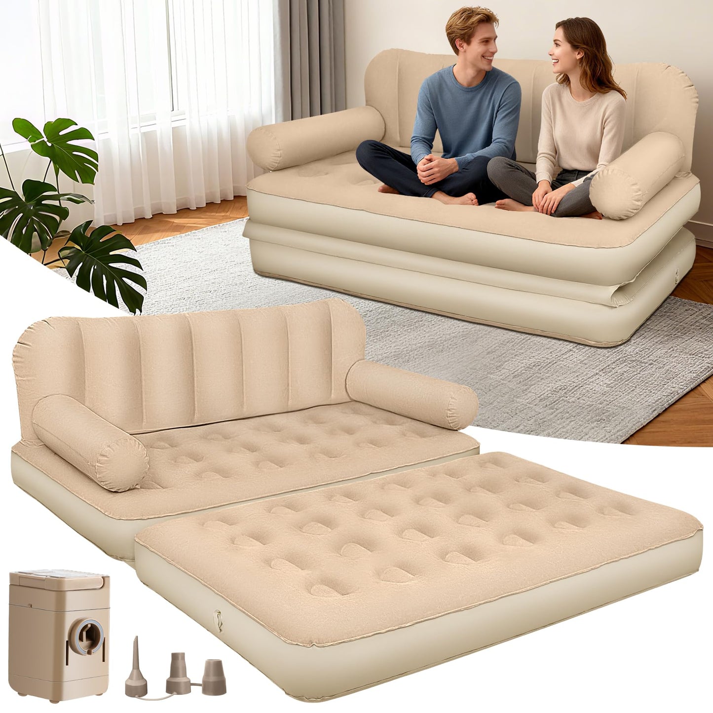 ChlorBlu Queen Size Air Sofa Bed Mattress with Headboard and Pump, Flocked Surface Blow Up Couch Inflatable Bed for Home,Folding Inflatable Couch for Camping, 2-in-1 Valve Inflatable Sofa 73"x61"x32''