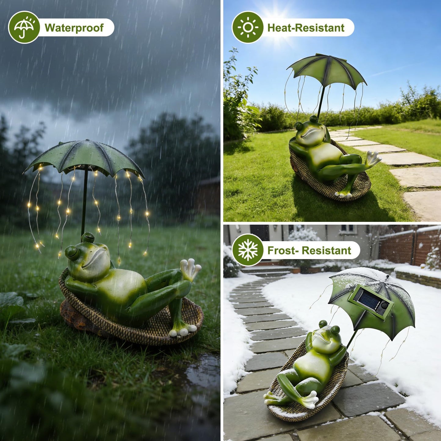 EverZenHub Solar Frog with Umbrella Statue - LED Solar Powered Garden Decor, Auto On/Off Waterproof Resin Outdoor Sculpture for Patio, Yard, Pond, Unique Gardening Gifts for Women & Mom
