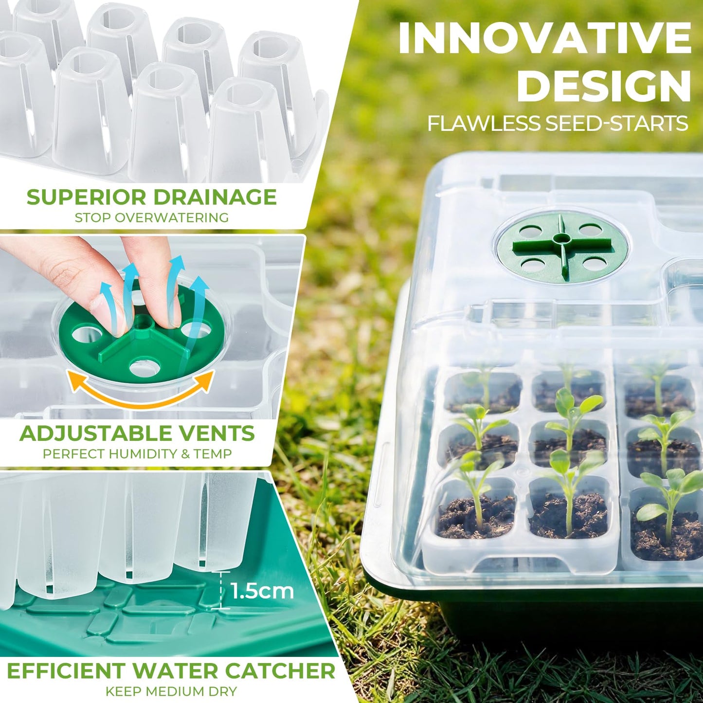 HIRALIY Seed Starter Tray Kits, Reusable Plant Germination Trays, Easy Transplanting, with Humidity Domes and Bases (Green, 40-Cells)