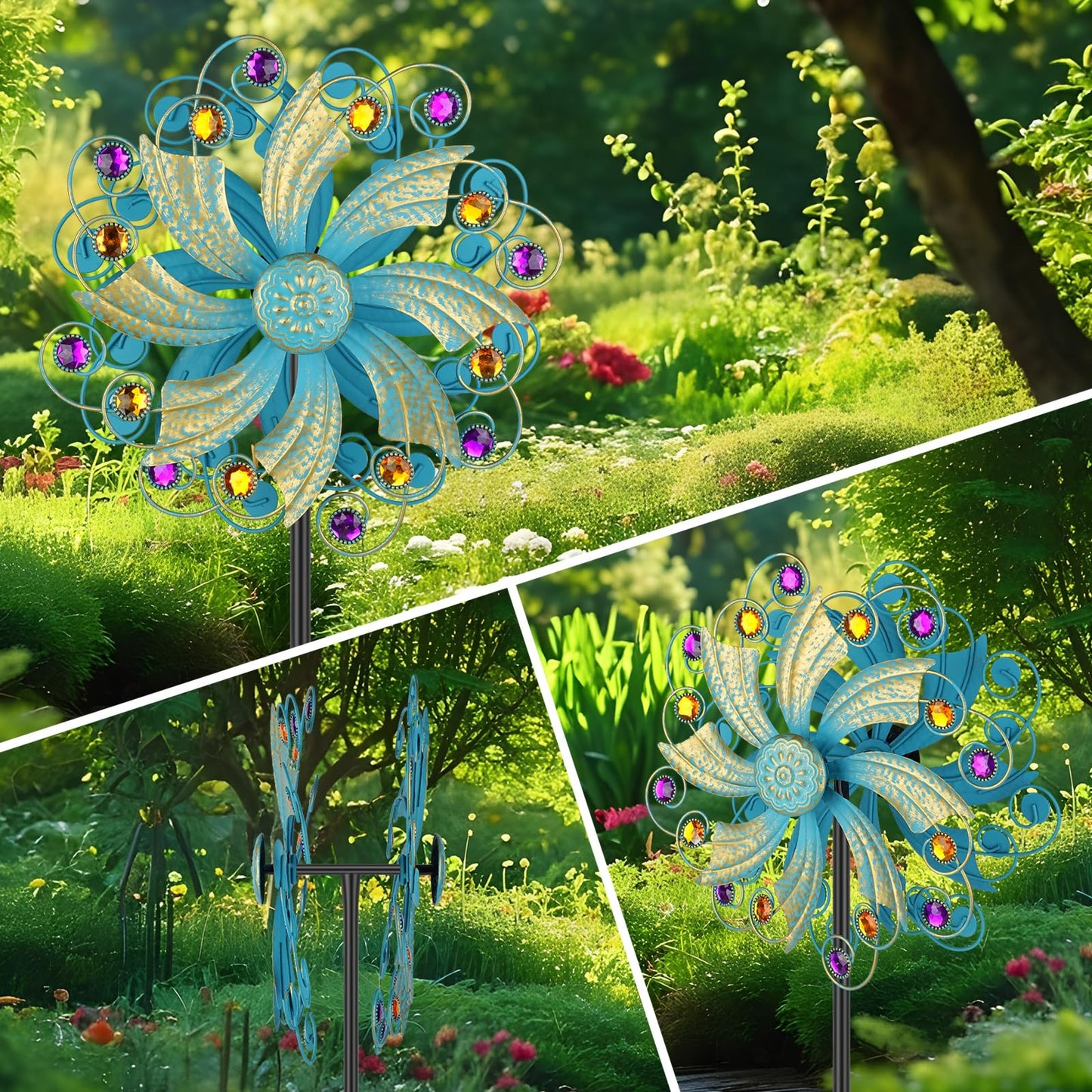 Jusimux Metal Wind Spinners Outdoor, Golden Kinetic Wind Sculpture Garden Pinwheels with Metal Stake, Yard Art Decor for Patio, Lawn & Garden, Creative Gifts 57.5 * 13 Inch