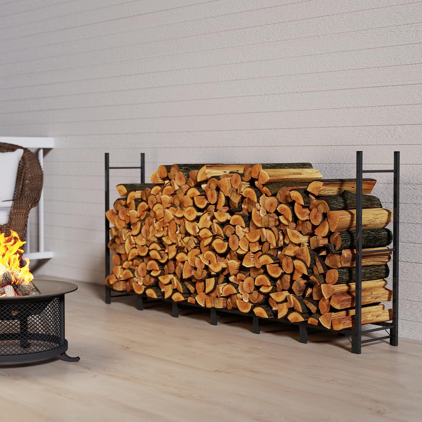 C-Hopetree 8Ft Outdoor Indoor Firewood Rack, Adjustable Metal Log Holder for Fireplace, Heavy Duty Wood Pile Storage Organizer Stacker Stand, Black