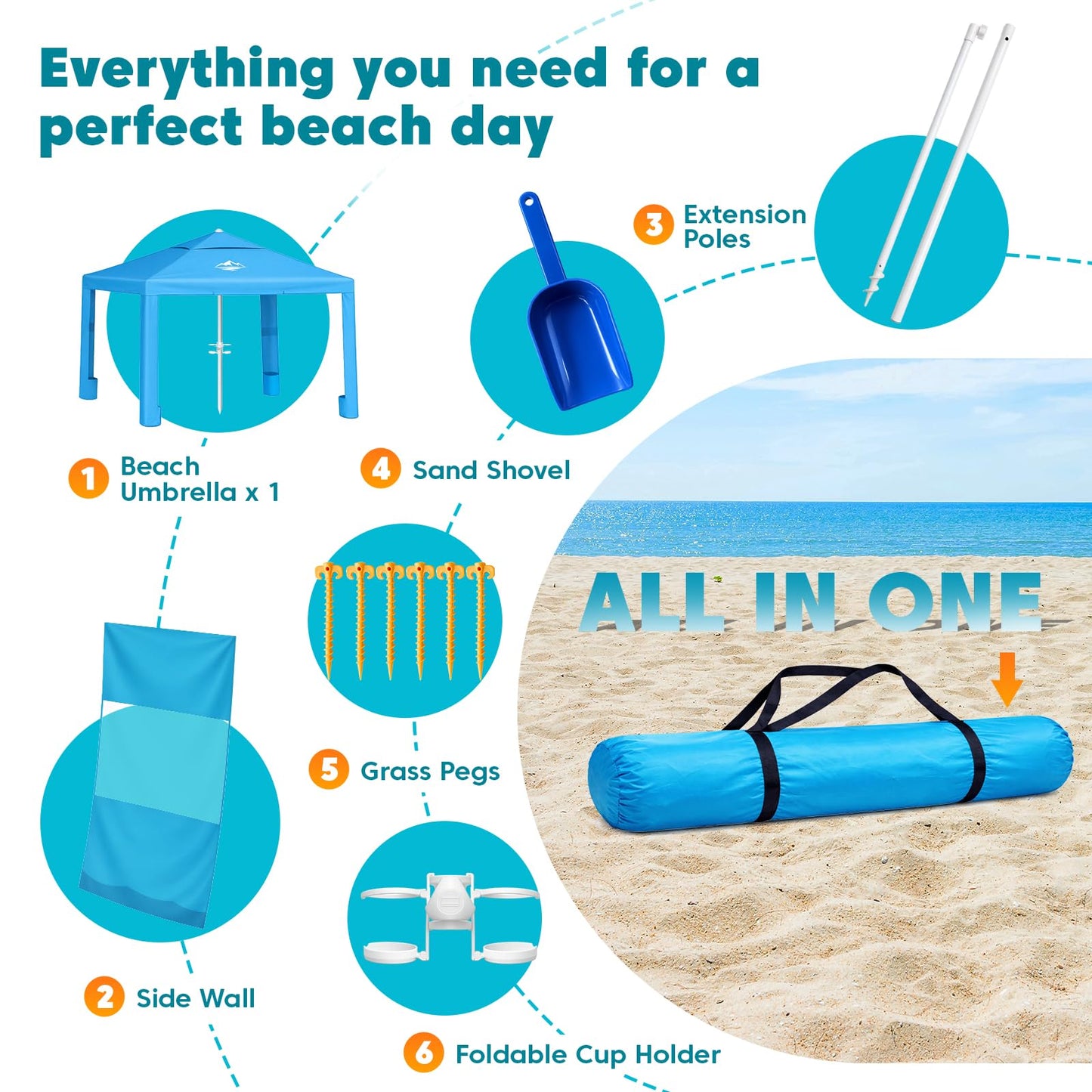 Purebox Beach Tent Shade Canopy - 8 * 8FT UPF50+ Beach Umbrella Sun Shelter 3Min Setup for 8 Person Cabana Tent with Sand Pockets Removable Side Walls Instant Sun Shade for Family, Camping, Fishing