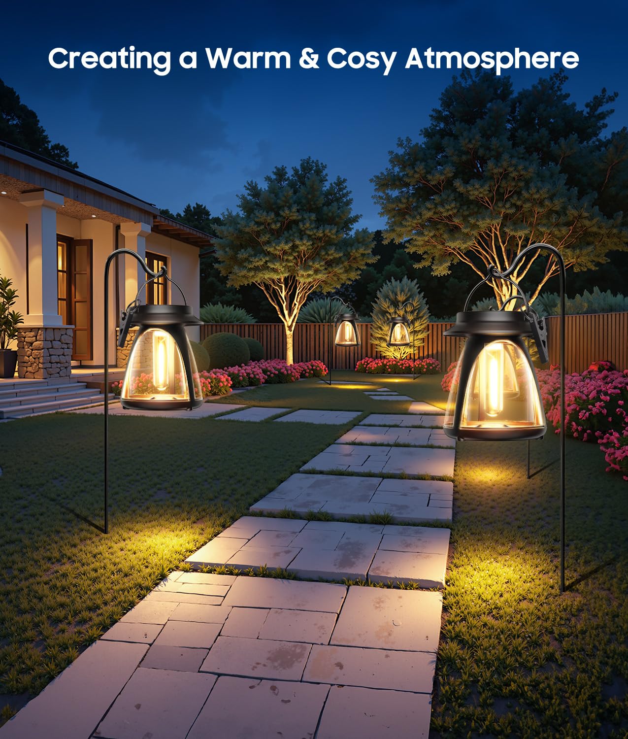 Bucasa Solar Lanterns Outdoor 2 Pack, Hanging Solar Lights Waterproof IP65, 8-14h Long time Warm Light, 2 Modes Solar Powered Modern Lantern/Lamp for Garden Patio Yard Decor, Gifts for Mom, Old Men