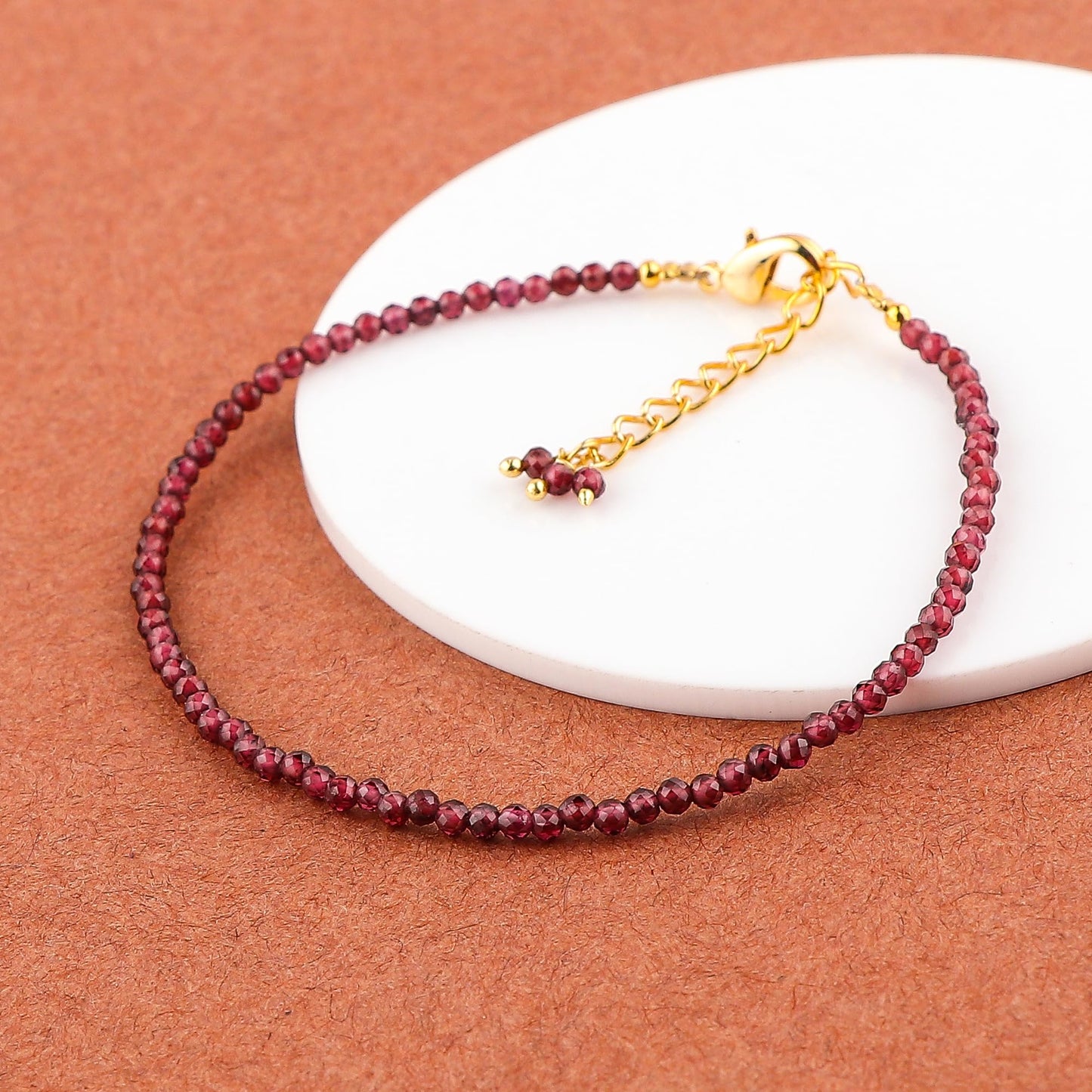 Natural Beaded Bracelet Birthstone Gemstone Jewelry, 2-2.5 mm Faceted Beads, Hypoallergenic 8 Inch Gold Plated Handmade Crystal Dainty Bracelets For Women (Red Garnet)