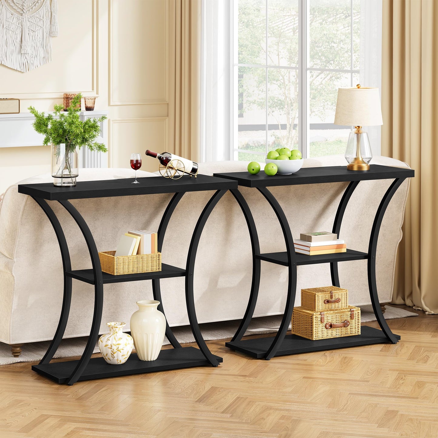 Hoctieon 3 Tier Console Table with Open Wood Shelves, Decorative Entryway Table with Curved Metal Frames, Narrow Sofa Table for Entrance, Living Room, Hallway, Black