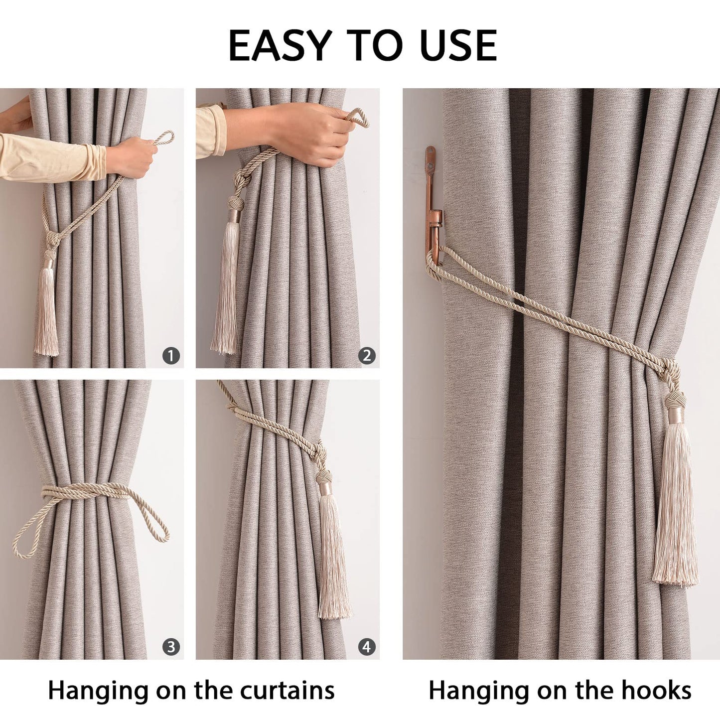 NICEEC 2 Pack Long Tassel Curtain Tiebacks Handmade Braided Rope Knot Drape Tie Backs European Style Decorative Curtain Holdbacks for Home & Office Window Drapery (Dark Beige)