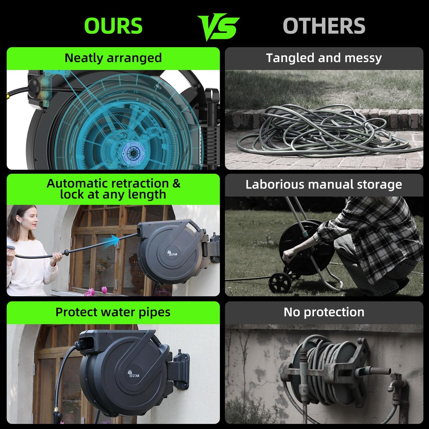 Retractable Garden Hose Reel 1/2 in x100 ft, Heavy Duty Wall Mounted Hose Reel with 10- Function Sprayer Nozzle, Any Length Lock/Automatic Slow Return System,180° Swivel Bracket