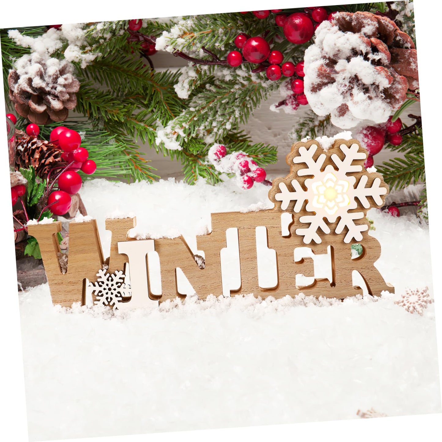 Garneck Wood Winter Sign with Snowflake LED Winter Decorations for Home Rustic Christmas Wooden Word Tabletop Centerpiece Decoration Standing Wood Plaque Sign for Xmas Home Office Shelf Mantel Party