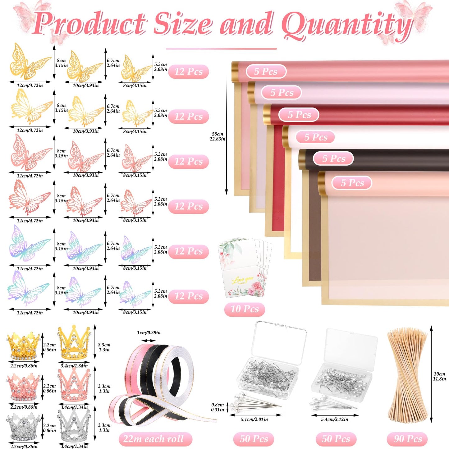 276 PCS Flower Wrapping Paper Bouquet Kit, 30 Sheets Waterproof Floral Wrapping Paper With Ribbons, Flower Pearl Pins, Bamboo Skewers, 3D Butterflies Crowns for Florist Craft Mother's Day Birthday