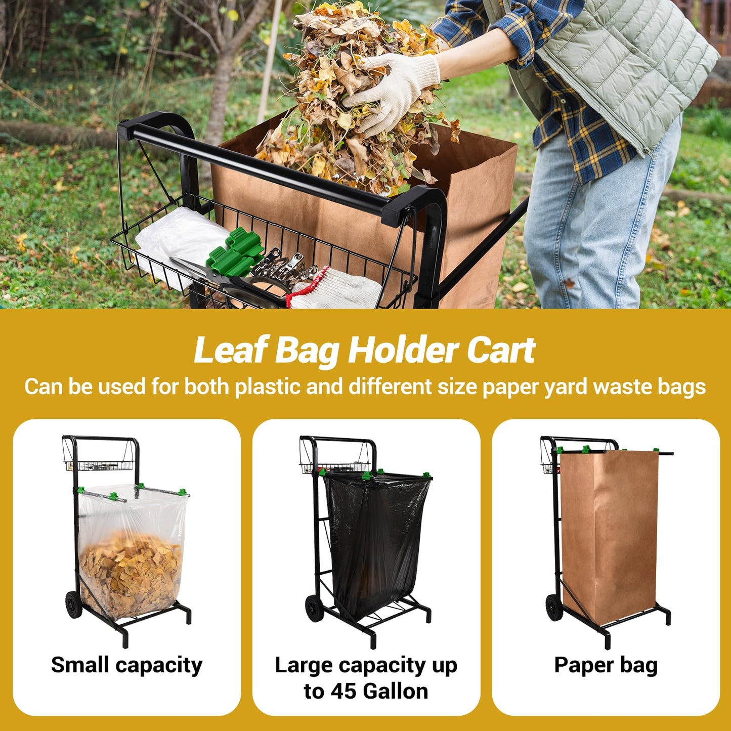 CAROD Upgraded Trash Bag Holder Cart with Storage Basket and Ergonomic Handle, Adjustable Outdoor Leaf Bag Holder from 30-45 Gallon Capacity, Ideal for Yard Clean-Up, Camping, Parties,Leaf Collection