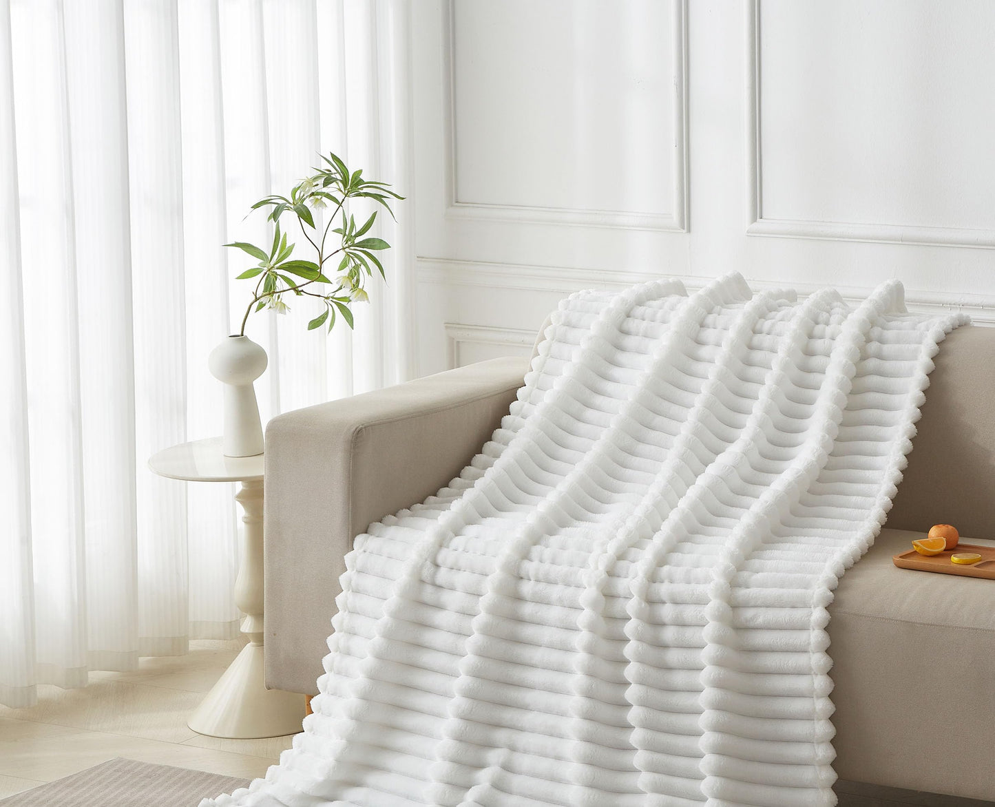 COZYXWORLD 380GSM Heavyweight Ribbed Textured Fleece Blanket, 50x60 Substantial Weight Warm Throw for Couch, Neutral Aesthetic White 50x60 Inches