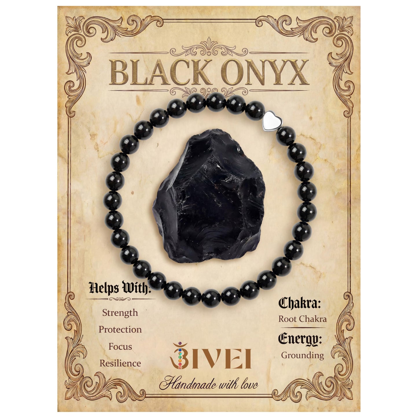 Bivei 6mm Black Onyx Crystal Stretch Bracelets for Women, Handmade Natural Stone Beaded Bracelet, Yoga Protection Jewelry Gift