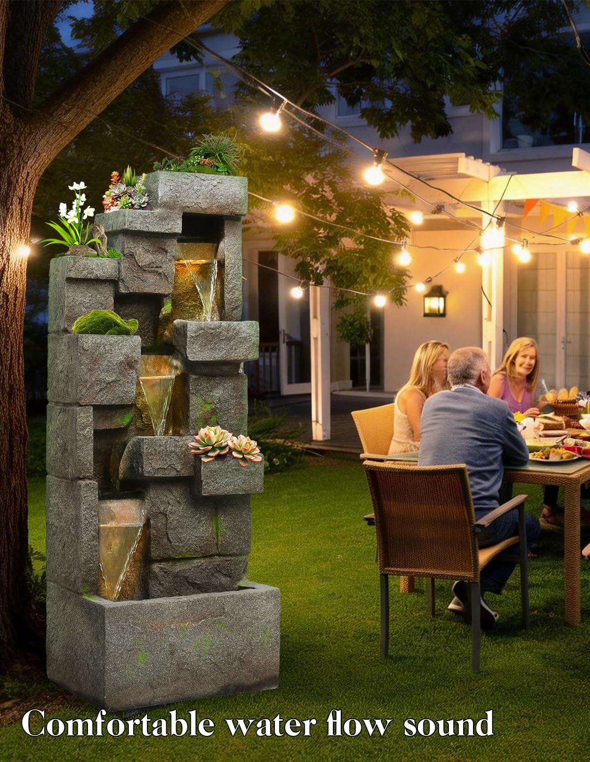 EKRISON 41.7" Outdoor Water Fountains 3 Tier Modern Floor-Standing Fountain with LED Lights and Pump Outdoor Rock Waterfall Fountain for Garden, Yard, Porch, Patio, Home Decor, Yellow