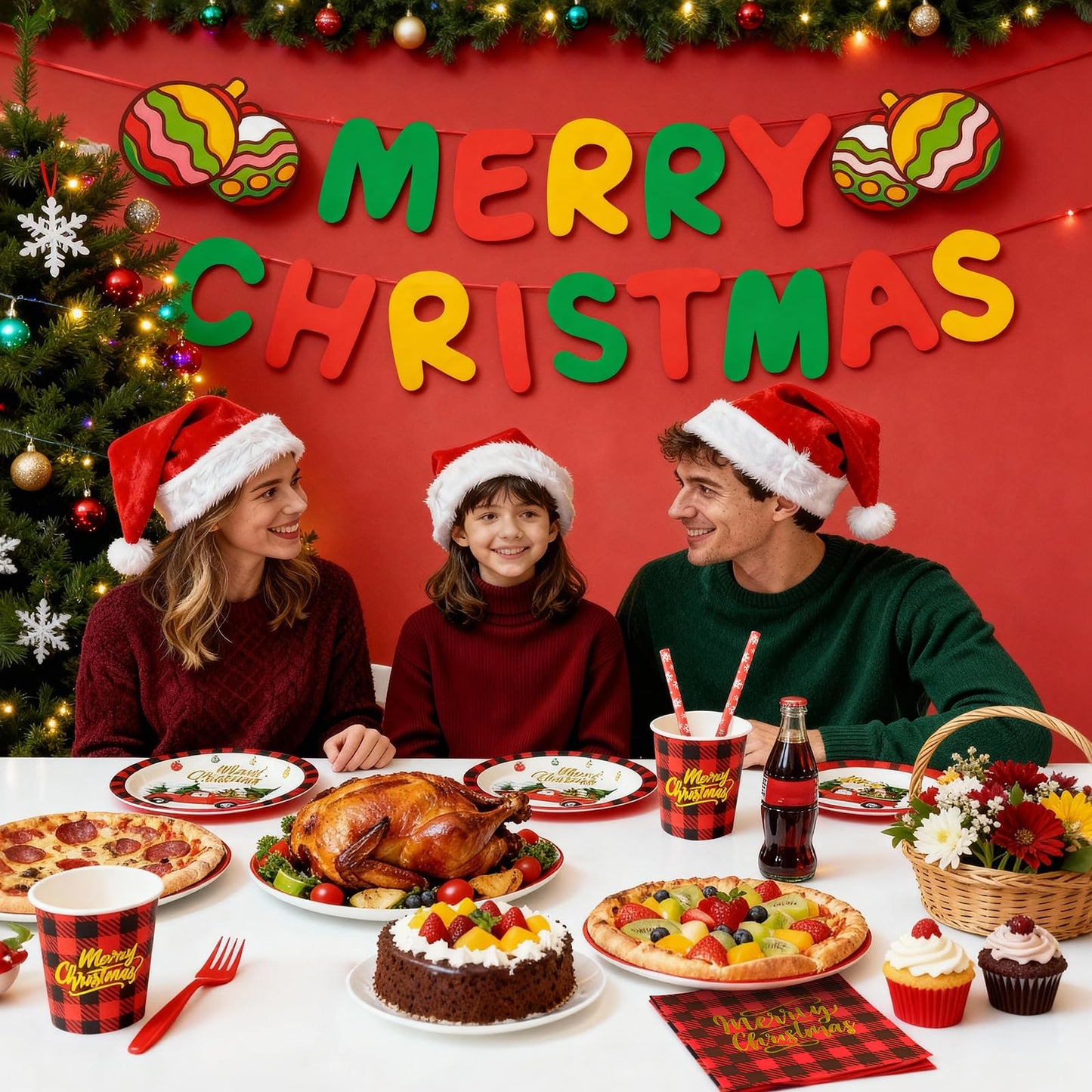 TOTOMA Christmas Party Decorations Paper Plates & Napkins 25 Guest, Disposable Plates Set, Holiday Paper Plates, Napkins, Cups with Golden Print, Santa Driving Pattern, Straws, Banner for Christmas
