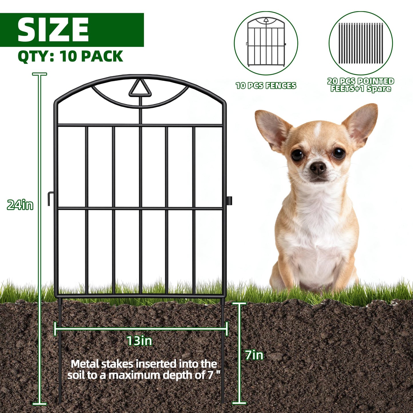 BOWDIMS,10 Panels Outdoor Decorative Garden Fence, 10.5 （ft） L x 24 (in) H, Black Rustproof Metal Wire Panel Barrier Fence, Animal Barrier Fence, for Landscaping and Yard Decoration