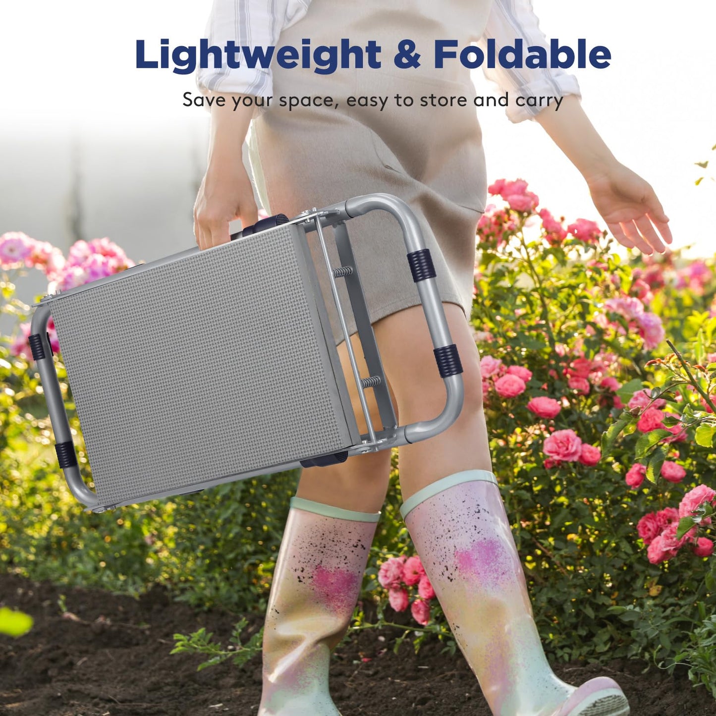 Tovve Foldable Garden Kneeler and Seat, Heavy Duty Garden Stool with 10" Wide Detachable Kneeling Pad, Portable Garden Bench Chair with Large Garden Tool Bag, Gardening Gifts for Women, Seniors, Mom