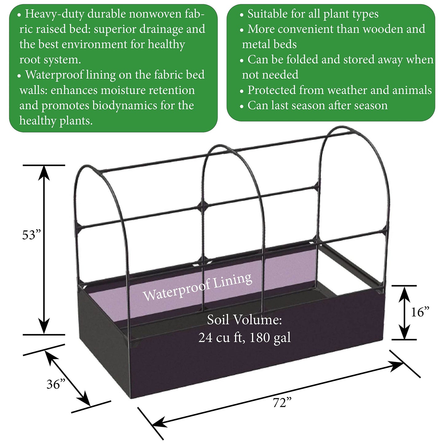 SIMPO 3-in-1 Garden System: Fabric Raised Garden Bed + Greenhouse Cover + Protective Net (36” x 72” x 53”)